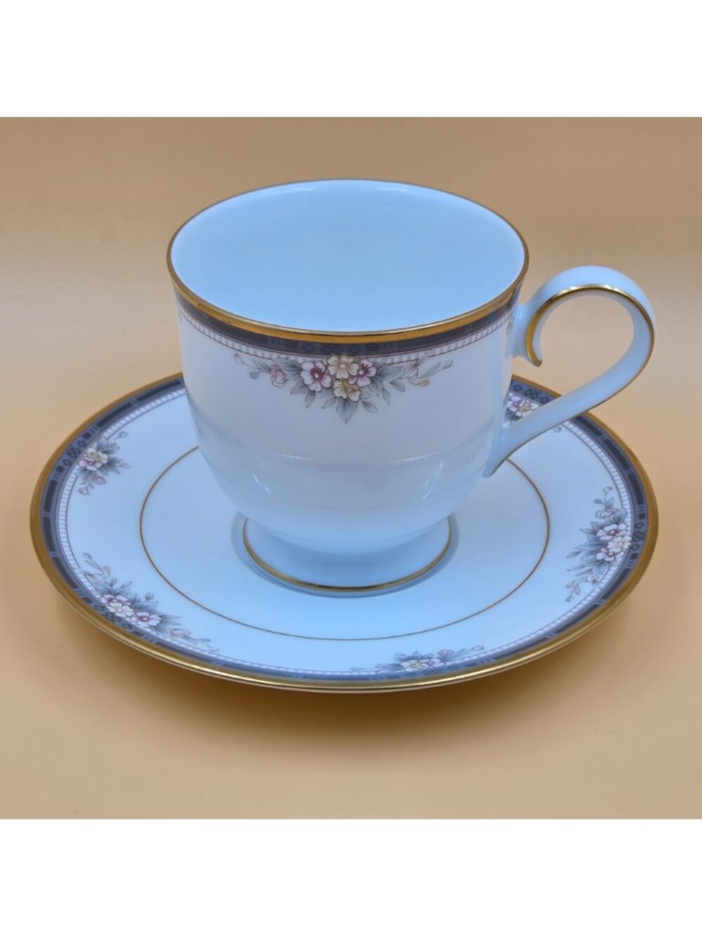 Noritake Ontario Footed Cup and Saucer Set of 3 Blue Gray Band White Pink Flower - Picture 8 of 16